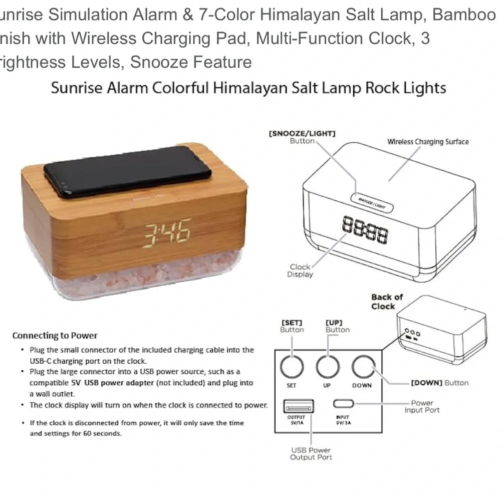NEW Sunrise Simulator Salt Lamp Alarm Clock Wireless Phone Charger - Picture 12 of 14